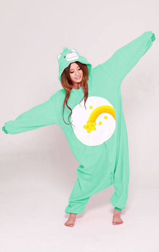 KIMU Onesie Turquoise Troetelbeer Pak - Maat L-XL - Troetelberenpak Beer Kostuum Wish Bear Ster - Berenpak Huispak Pyjama Fleece Dames Heren Halloween