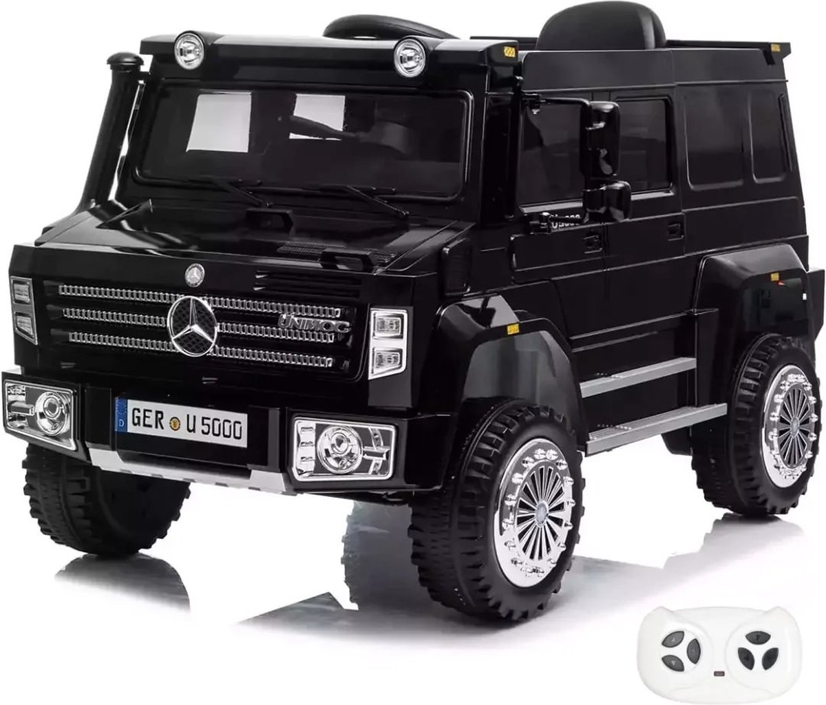 Mercedes Unimog U5000 12V Elektrische Kinderauto 1 tot 6 jaar – Officieel Gelicentieerd met Afstandsbediening – Luxe Truck met Lederen Zitje, EVA-Banden & Schokdempers – Zwart