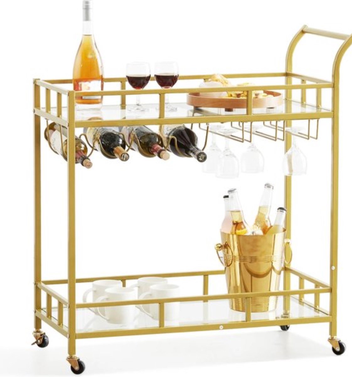 Serveerwagen Gouden Stalen Rollende Trolley - massief gehard glas