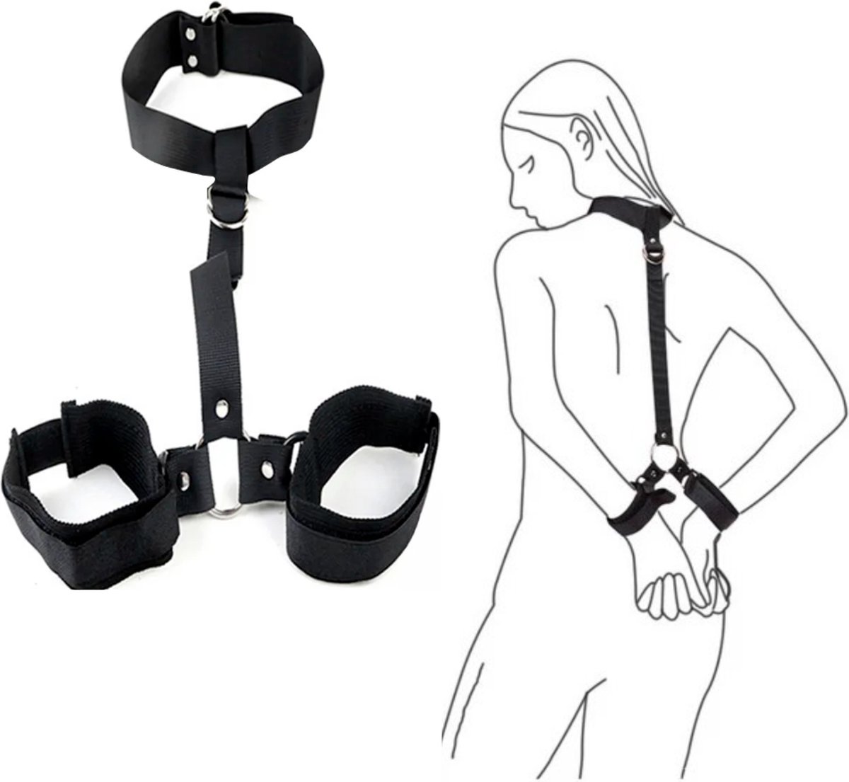 Goedkoopste BDSM Bondage Harnas - Zwart - Stevig en Verstelbaar - Sex Toy - Handboeien - Hals - Sexy Dames / Heren Lingerie - One Size