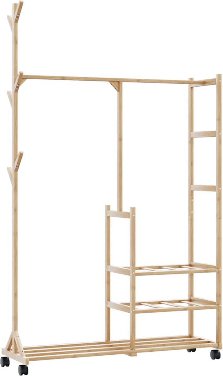 vidaXL Kledingrek - met - schappen - en - wielen - 100x38x175,5 - cm - bamboe Bruin
