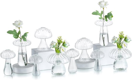 Glasseam Paddenstoelvaas Voor Bloemen, Kleine Glazen Vaas Set Van 10, Bloemvazen Voor...