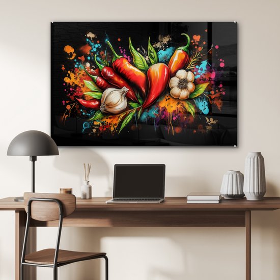 MuchoWow® Peinture sur verre 120x80 cm - Peinture acrylique sur verre - Légumes - Poivrons - Ail - Graffiti - Peinture - Coloré - Photo sur verre - Décoration murale salon - Décoration murale chambre - Peintures