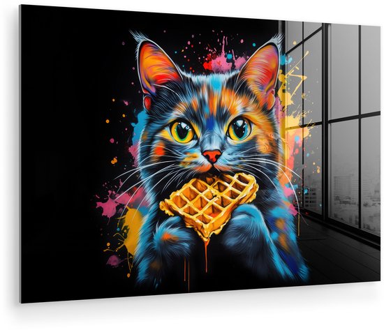 MuchoWow® Glasschilderij 120x80 cm - Schilderij acrylglas - Kat - Graffiti - Kleurrijk - Wafel - Eten - Foto op glas - Muurdecoratie woonkamer - Wanddecoratie slaapkamer - Schilderijen