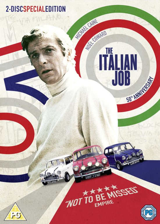 DVD-hoes van 'The Italian Job' 50th Anniversary 2-Disc Special Edition, met Michael Caine en drie Mini Coopers.