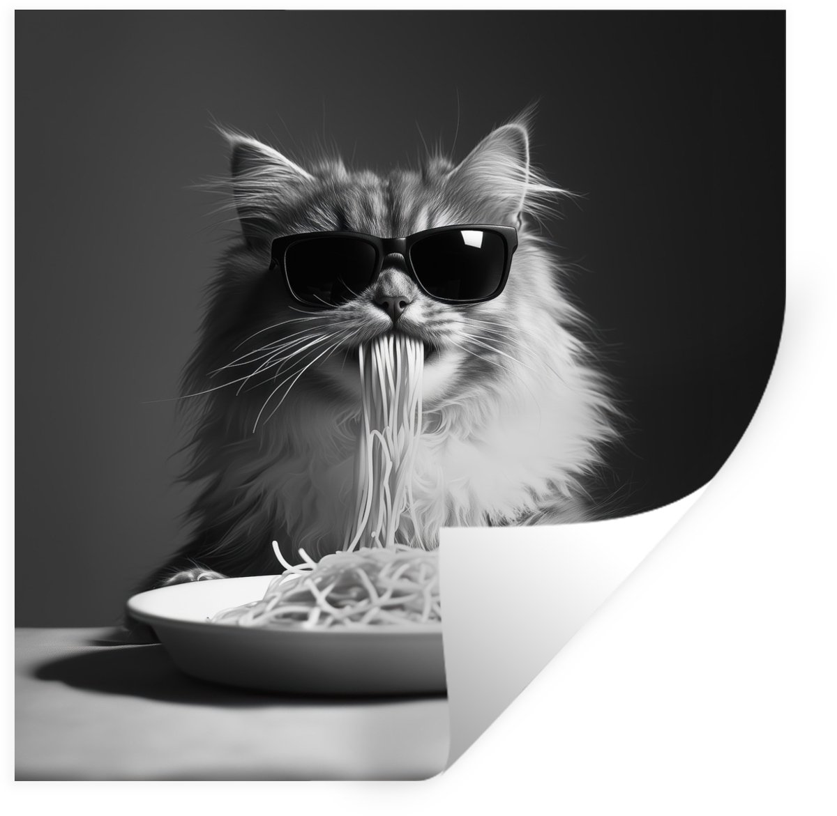 Muurstickers - Sticker Folie - Langharige kat - Zonnebril - Spaghetti - Humor - Zwart - wi
