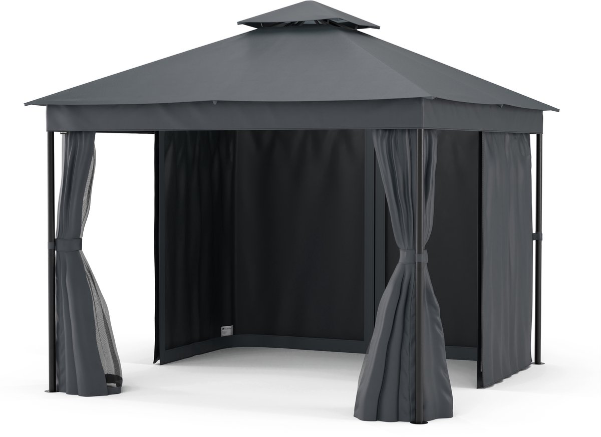 Blumfeldt Mondo Dubbel Paviljoen 3x3 - Dubbel dak & muggengaas, Weerbestendig metalen frame, Gordijnen voor privacy, Tuinpaviljoen, Eenvoudig te monteren, Donkergrijs