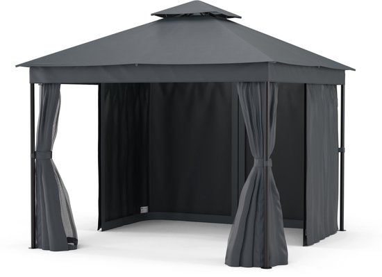 Blumfeldt Mondo Dubbel Paviljoen 3x3 - Dubbel dak & muggengaas, Weerbestendig metalen frame, Gordijnen voor privacy, Tuinpaviljoen, Eenvoudig te monteren, Donkergrijs