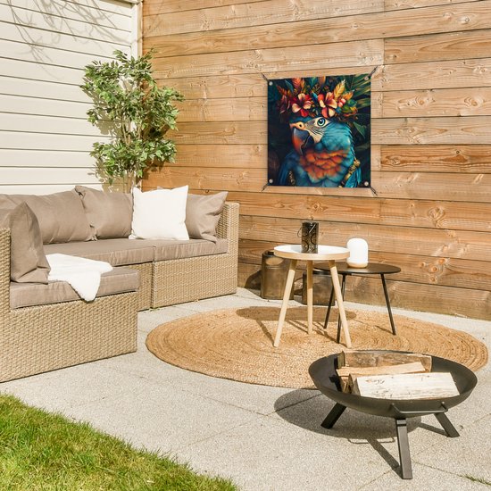 Tuinposter 50x50 cm - Tuindecoratie Papegaai - Vogel - Kleurrijk - Bloemen - Bladeren - Poster voor in de tuin - Buiten decoratie - Schutting tuinschilderij - Tuindoek muurdecoratie - Wanddecoratie balkondoek