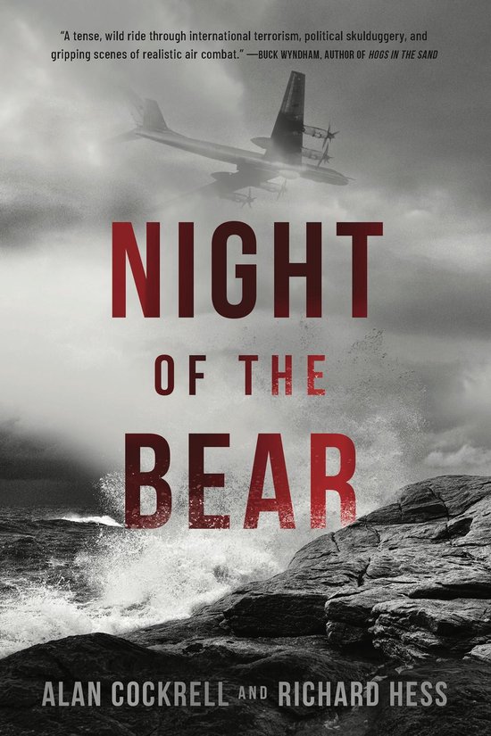 Boekomslag met de titel 'Night of the Bear', een vliegtuig en golven tegen een rotsachtige kust.