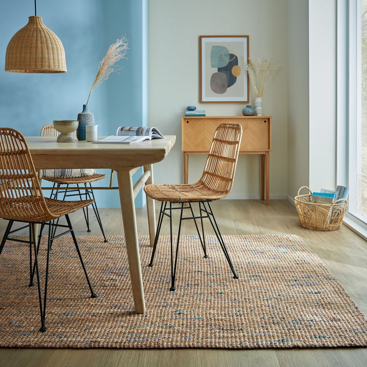 flycarpets Laagpolig Jute Vloerkleed - Boucle Naturel / Blauw 120x170 cm