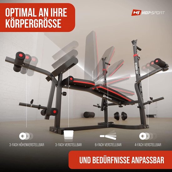 Een fitnessbank met verstelbare rugleuning en zitting in verschillende posities, met iconen voor '3-voudig in hoogte verstelbaar'.