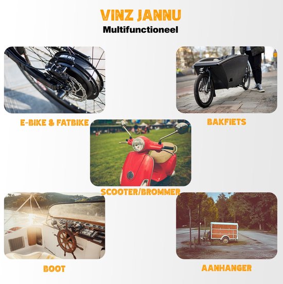 Collage van 5 afbeeldingen: e-bike & fatbike, bakfiets, scooter/brommer, boot en aanhanger, onder de titel VINZ JANNU.