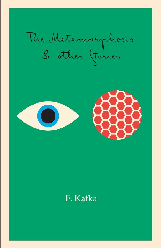 Couverture de livre avec le texte 'The Metamorphosis & other stories' et 'F. Kafka'. Avec un œil et un cercle rouge et blanc.
