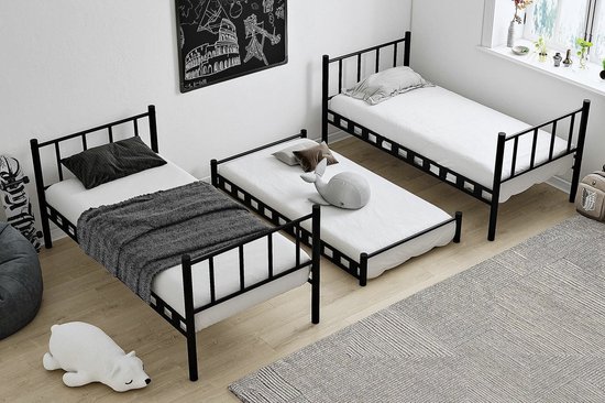 AirSleeperz® heavy duty metalen stapelbed Emma Family - kinderbed hoogslaper voor 3 personen - Kleur: zwart - Afmeting 90x200x175 cm