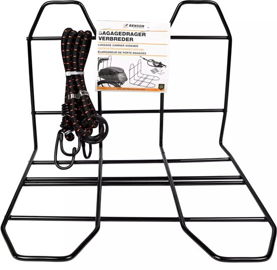 Zwarte metalen fietsbagagedrager verbreedset met instructies, bevestigd met een zwarte bagagespin.