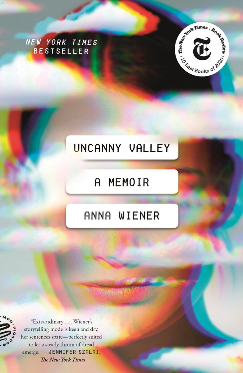 Boek "Uncanny Valley" A Memoir van Anna Wiener, met glitch-art effecten.