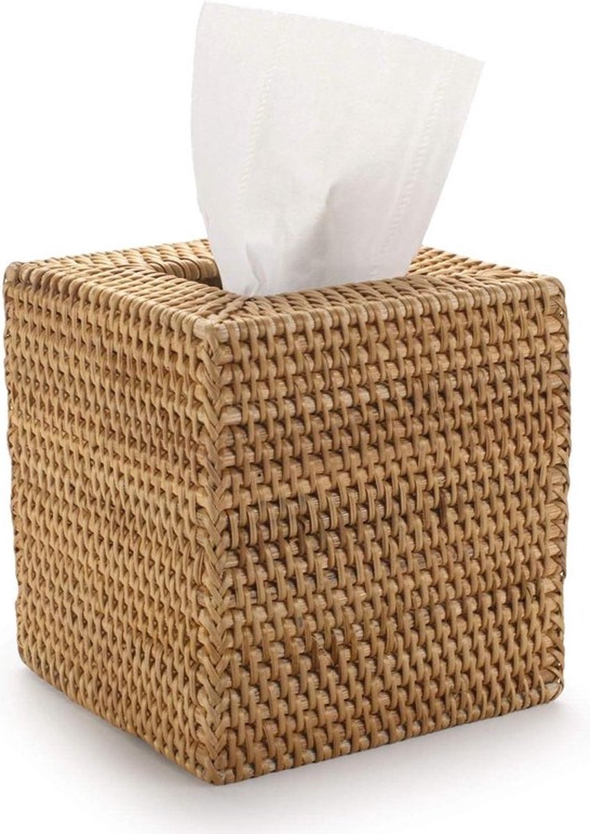 Tissue Box Cover Rattan Napkin Box Cover - Square Napkin Holder - Natural - For Home Office Car - 14x14x15cm