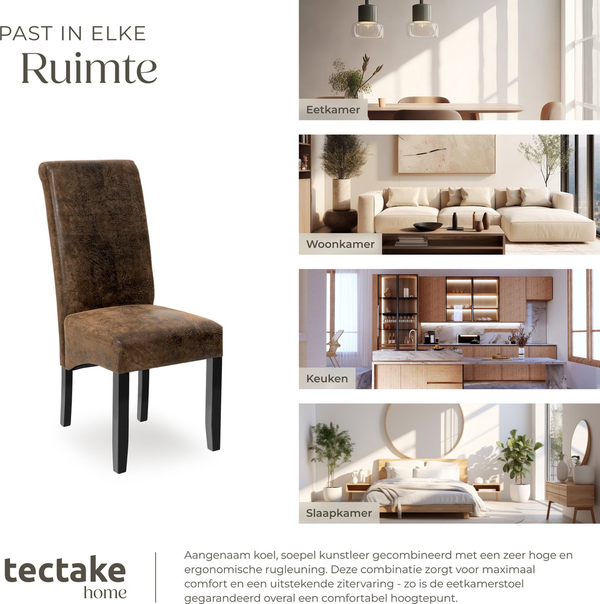 tectake® Eetkamerstoel - Comfortabele kunstleren stoel met hoge rugleuning - Keukenstoel voor keukentafel - Gestoffeerde keukenstoel - Diverse kleuren en sets - Maximale belasting 120 kg - Afmeting (LxBxH) 44 x 63 x 106 cm - Set van 4 - Antiek bruin – foto 6