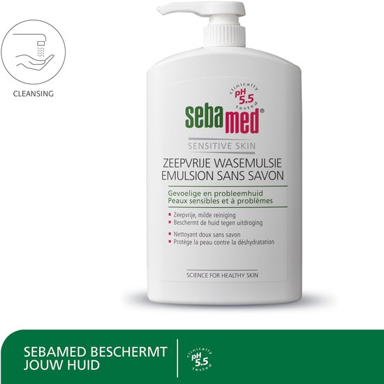 Sebamed Zeepvrije wasemulsie - Diepe reiniging tot in de poriën - Pentavitin beschermt tegen uitdroging - Voor handen, gezicht en lichaam - Douchemiddel - Zeepdispenser - 1 liter
