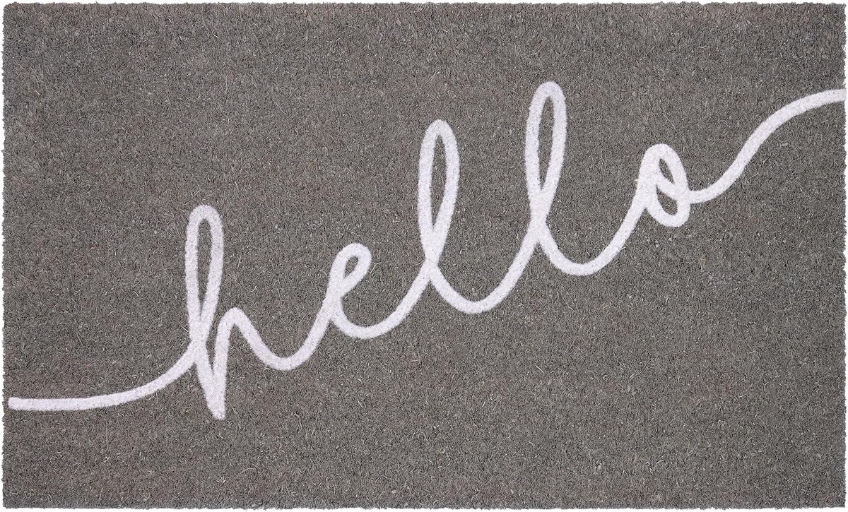BRUBAKER Hello Deurmat voor buiten en binnen, 45 x 75 cm, vuilvangmat van 100% kokos, antislip voetveger, weerbestendig en antislip, outdoor deurmat voor huisdeur, grijs