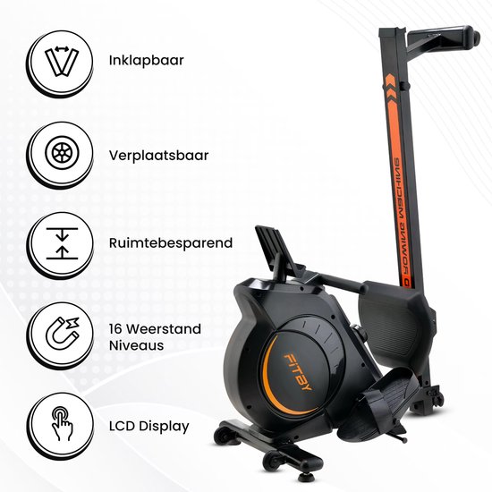 Fitby Roeitrainer - Roeimachine inklapbaar – Roeitrainer met verstelbare weerstand - Fitness roeitrainer - 16 Weerstandniveaus - LCD monitor - Weergave in KM - Zwart