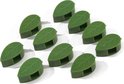 Tien groene bladvormige plantenclips gerangschikt op een witte achtergrond.