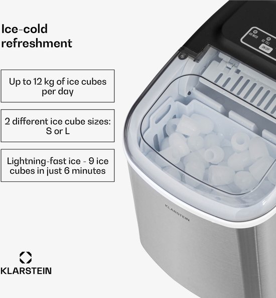 Klarstein IJsblokjesmachine Voor Thuis - Kamperen - Gastronomie - Snelle Mini IJsblokjesmachine - klein - Professionele IJsmaker Voor Grote En Kleine IJsblokjes - Zelfreinigend - 1 -3 Liter Watertank - 12 Kg IJs In 24 Uur - Roestvrij Staal van Klarstein — afbeelding 4