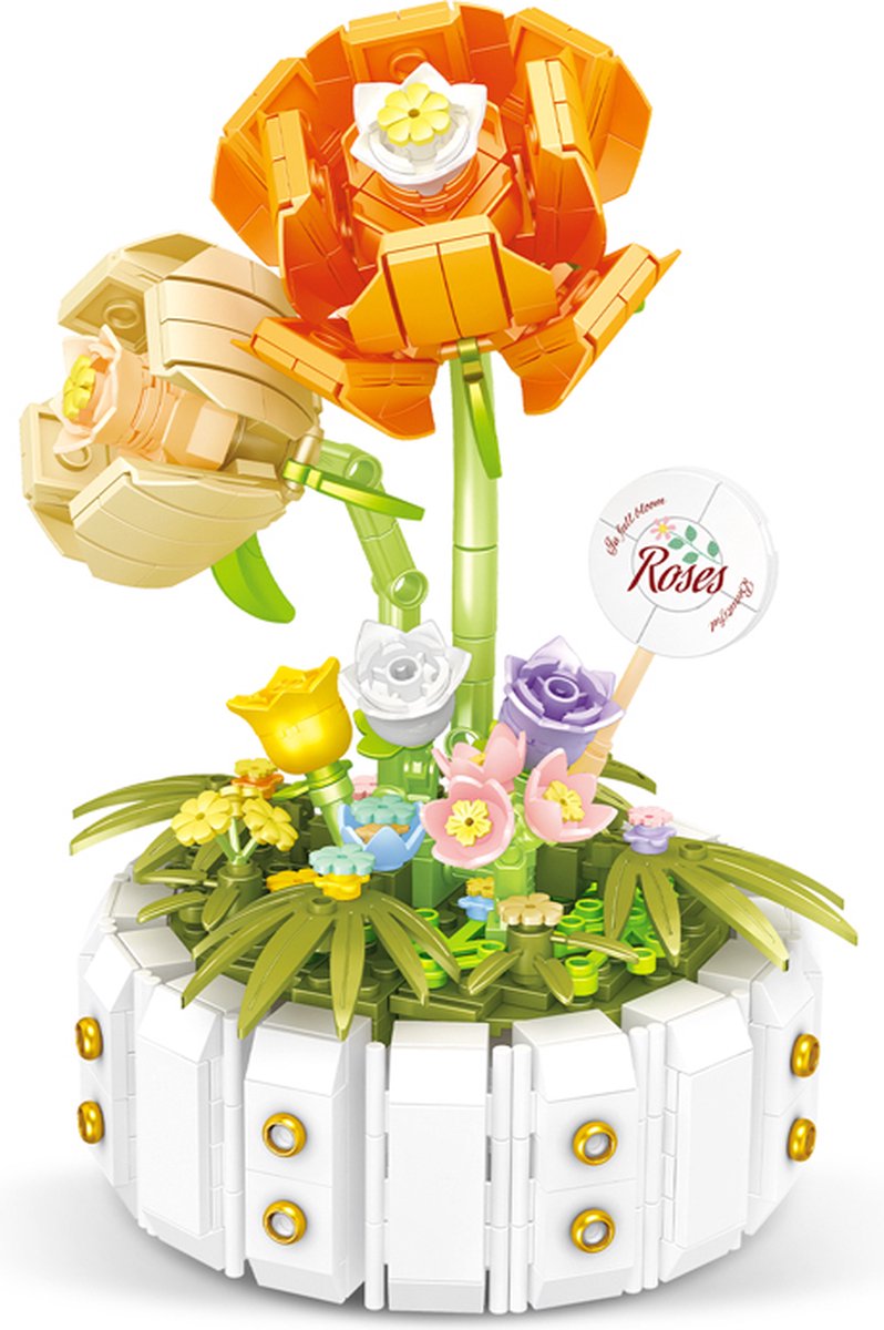 Loha-party®Bouwstenen bloemen met bloem pot-Rode roos-Botanische bloemencollectie- Kunstbloemen decoratie- Huisdecoratie-516 bouwstenen