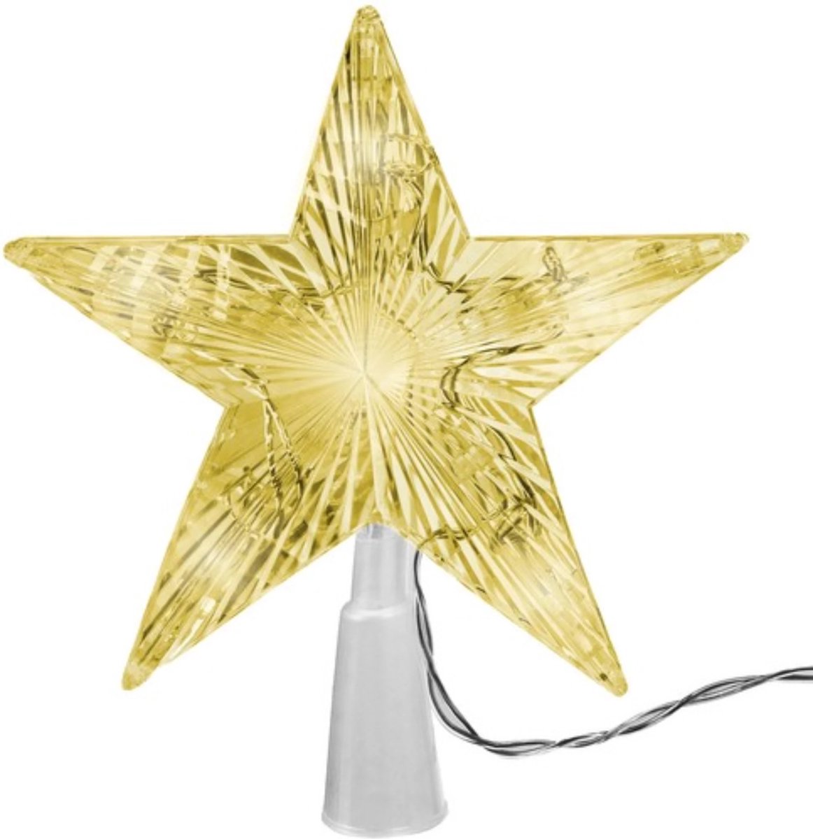Moderne LED kerstboomtopper met sterpatroon in warm wit licht, energiezuinig ontwerp van Ruhhy.
