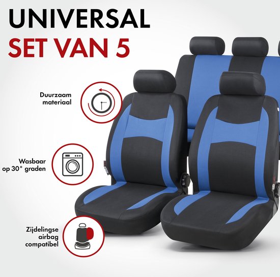 Set van vijf blauwe en zwarte autostoelhoezen met hoofdsteunen, met teksten over duurzaam materiaal, wasbaar op 30 graden en airbag compatibiliteit.