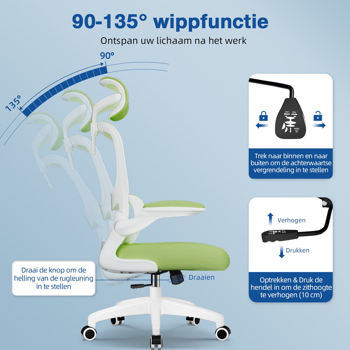 Elekiatech Ergonomische Bureaustoel - Bureaustoel met Opklapbare Armleuningen - Bureaustoelen voor Volwassenen - 150 Kg - Groen-wit thumbnail 6