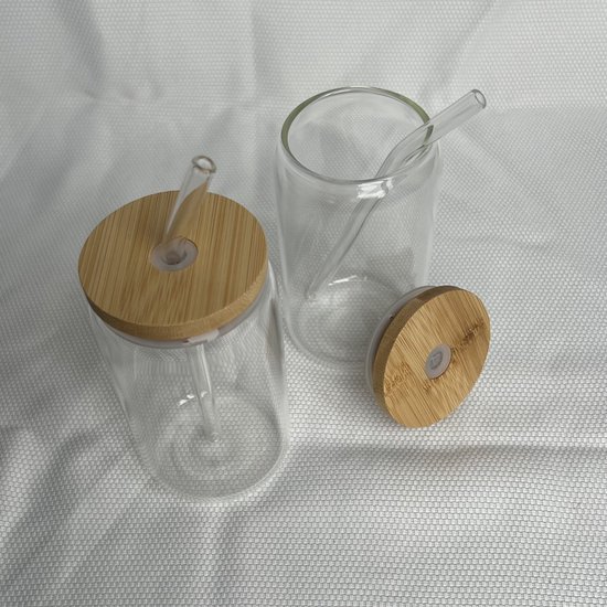 Glazen bekers met rietje (2 stuks) - 400 ML - drinkbeker herbruikbaar - glas bamboe beker - duurzaam van Homezy — afbeelding 2