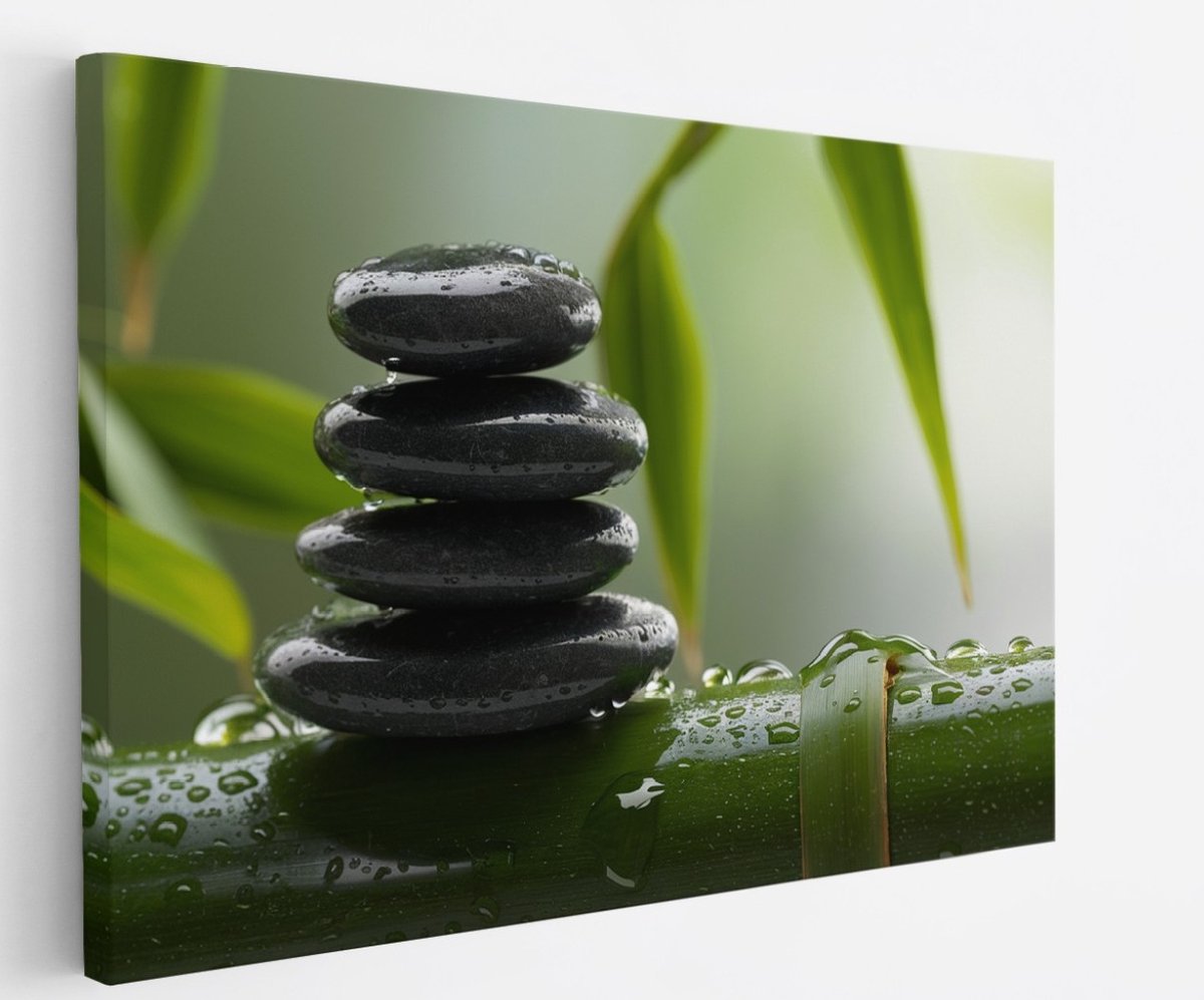 Saammp Canvas Schilderij - Stenen op Bamboe - Landschap - Natuur - 150x100 - Foto op canvas - Wanddecoratie - Muurdecoratie Woonkamer - Slaapkamer decoratie - Canvas Print Multicolor