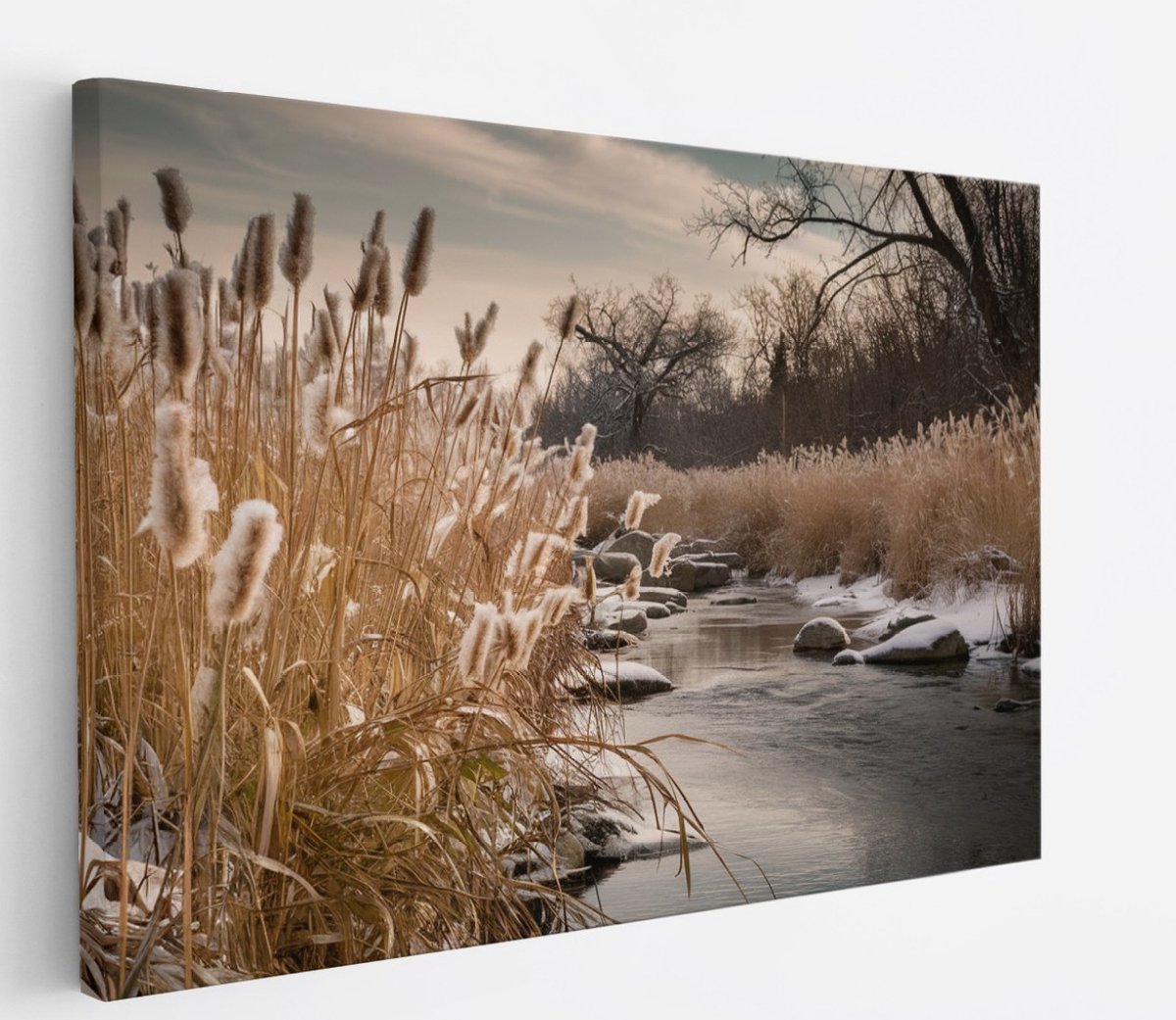 Saammp Canvas Schilderij - Bevroren Gras - Bloemen - Landschap - Natuur - 60x40 - Foto op canvas - Wanddecoratie - Muurdecoratie Woonkamer - Slaapkamer decoratie - Canvas Print Multicolor