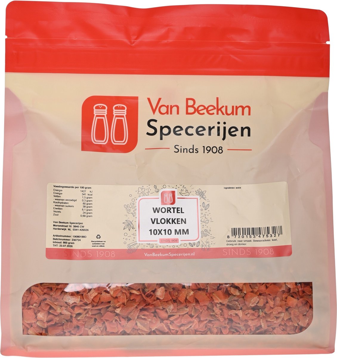 Goedkoopste Van Beekum Specerijen - Wortel Vlokken 10x10 mm - 800 gram (hersluitbare stazak