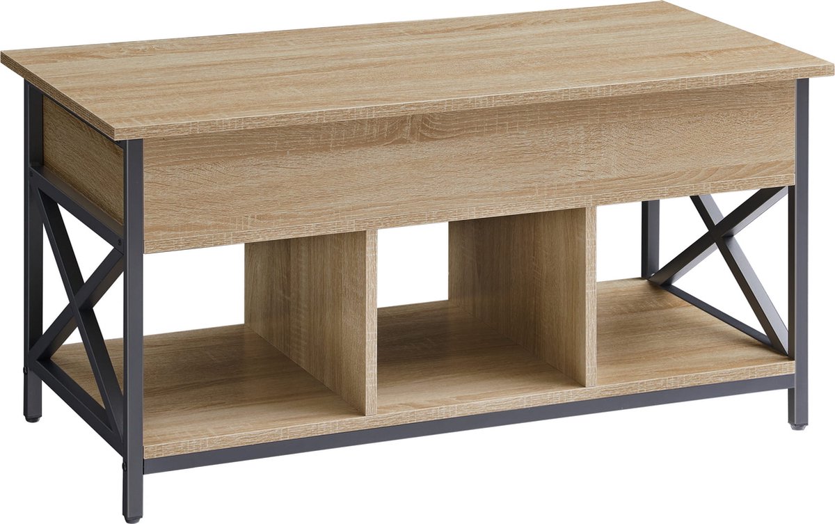 Salontafel - SONOMA - Industriële Stijl, Stalen Frame, Uitklapbaar Blad en Opbergruimte, Kleur: Eiken Sonoma en Zwart, 49(62) x 100 x 50 cm