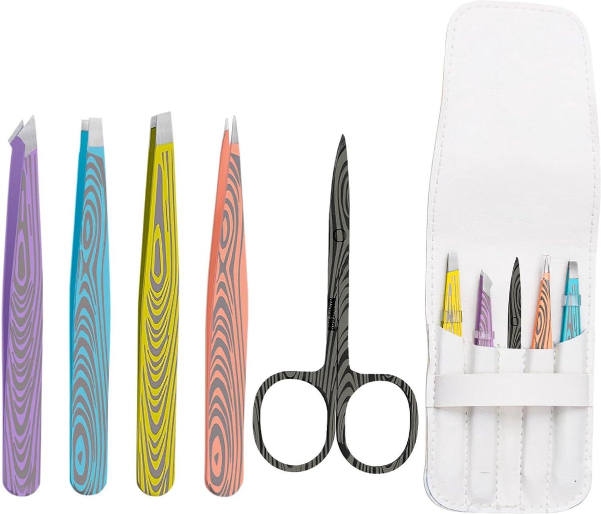 Set of 4 Stainless Steel Precision Tweezers for Eyebrow Depilation and Facial Hair Removal - Long Hair, Beard Hair, Multiple Colors