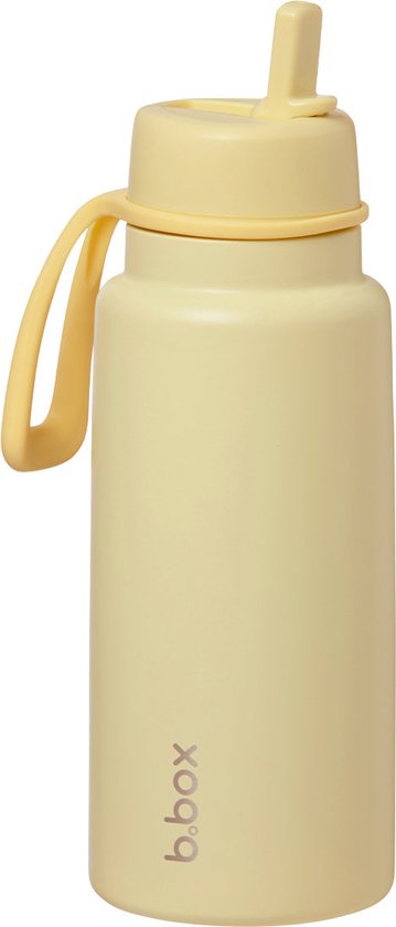 Lichtgele b.box drinkfles met geel handvat en fliptop deksel.