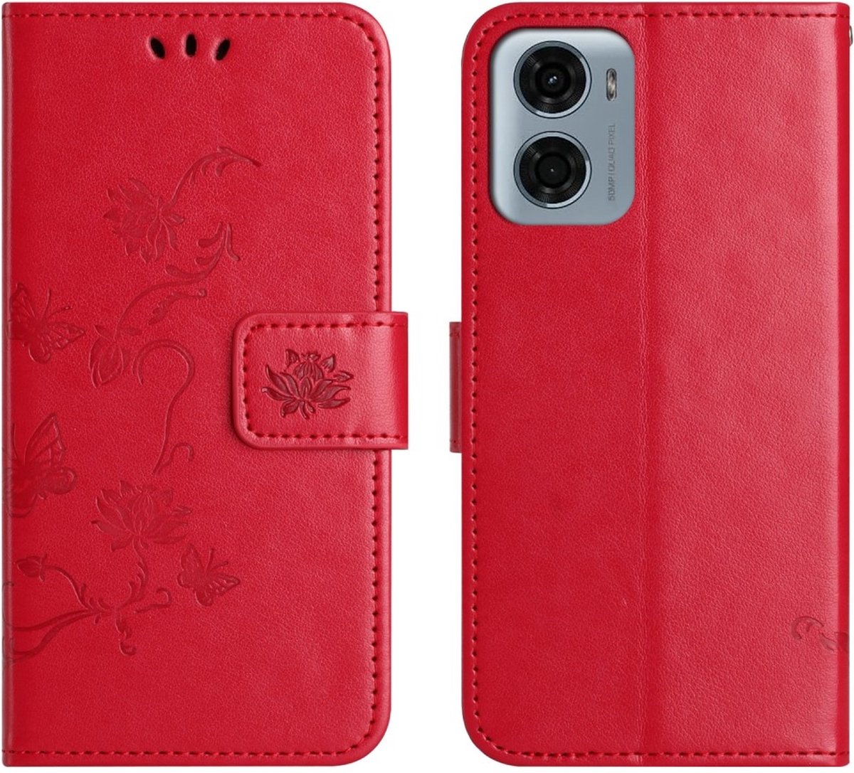 Coverup Hoesje - Geschikt voor Motorola Moto G05 / E15 Hoesje - Coverup Bloemen & Vlinders Book Case - Rood