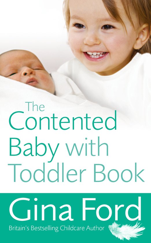 Een peuter glimlacht boven een slapende baby. De titel "The Contented Baby with Toddler Book" staat erop.