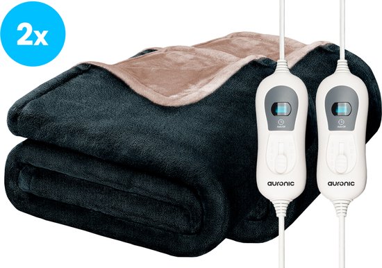 Auronic Elektrische Deken - Duo Pack - Warmtedeken - 1 Persoons - 3 Warmtestanden - 160x120cm - Antraciet