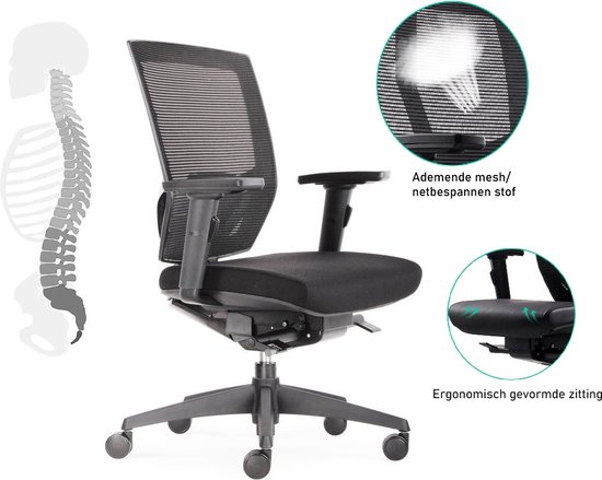 BENS 807-Synchro-3 - Ergonomische Bureaustoel - Bureaustoelen voor volwassenen - Zwrat - Uitermate geschikt voor langere personen - Luxe Donati Mechaniek - GREENGUARD GOLD - Voldoet aan NEN-EN1335 & ARBO normen