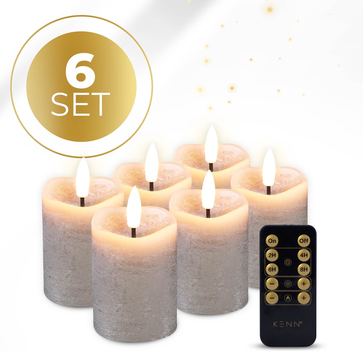 KENN® LED Kaarsen op Batterijen – Echte Wax – Set van 6 – Rustiek Taupe – Tot 300 Branduren – Met Afstandsbediening & Timer – Inclusief Batterijen – Mini Stompkaarsen – Realistisch flikkerende 3D Vlam – Kaarsen op Batterijen – Nep Kaarsen – Horeca