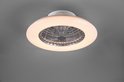 Witte plafondventilator met verlichting, gemonteerd aan een grijs plafond