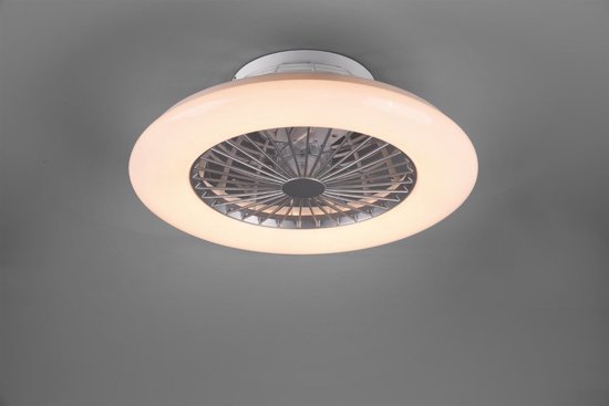 Witte plafondventilator met verlichting, gemonteerd aan een grijs plafond
