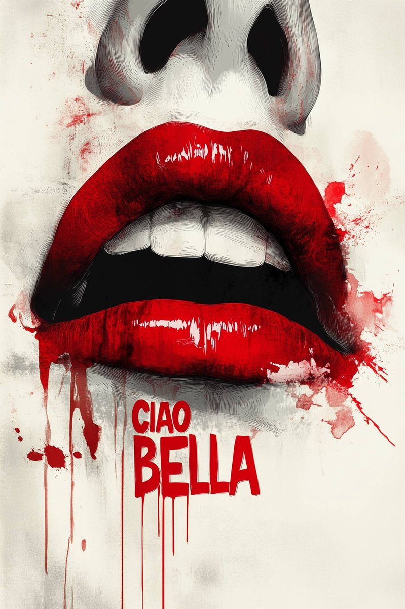 Ciao Bella Poster - Tekst - Rode Lippen - Lippen - Aqaurel - Mode - Stijl - posters - formaat 50x70cm - Wanddecoratie - S5137YR