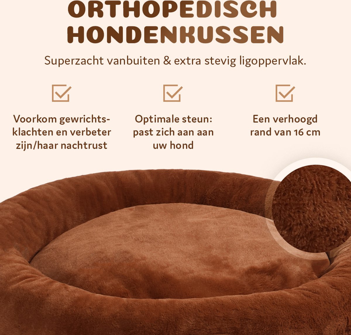 Pet Perfect Orthopedische Hondenmand – Donut Hondenmand – Hondenkussen – Hondenbed – Wasbaar - 100 cm - Bruin thumbnail 2