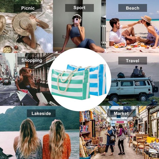 Sac de plage XXL-famille, sac de plage rayé femme grand avec fermeture éclair, sac de plage imperméable et résistant au sable, sac fourre-tout pliable, sac de bain pour voyage à la plage