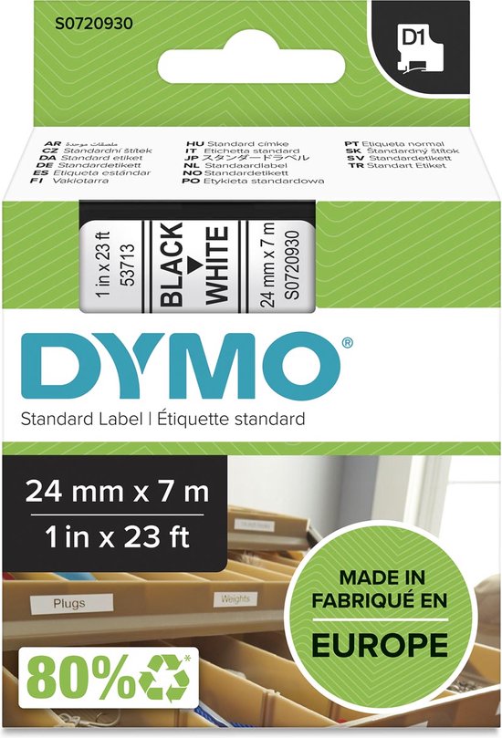 DYMO originele D1 labels | Zwarte Tekst op Wit Label | 24 mm x 7 m | zelfklevende etiketten voor de LabelManager labelprinters | gemaakt in Europa